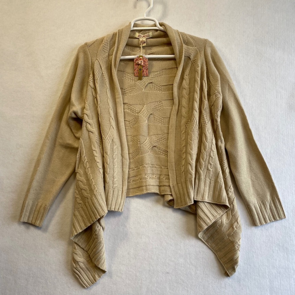 April Cornell Haven Sweater Oat Beige Cable Knit Waterfall Cardigan Wool Blend M